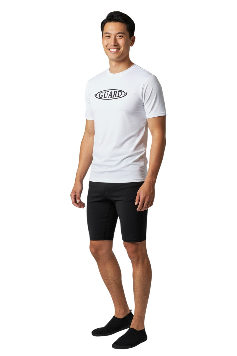 RISE Guard Short Sleeve Crew Neck Rashguard in white, shown on model