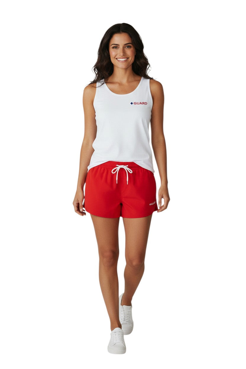White 100% cotton preshrunk tank top with blue and red GUARD logo on chest.