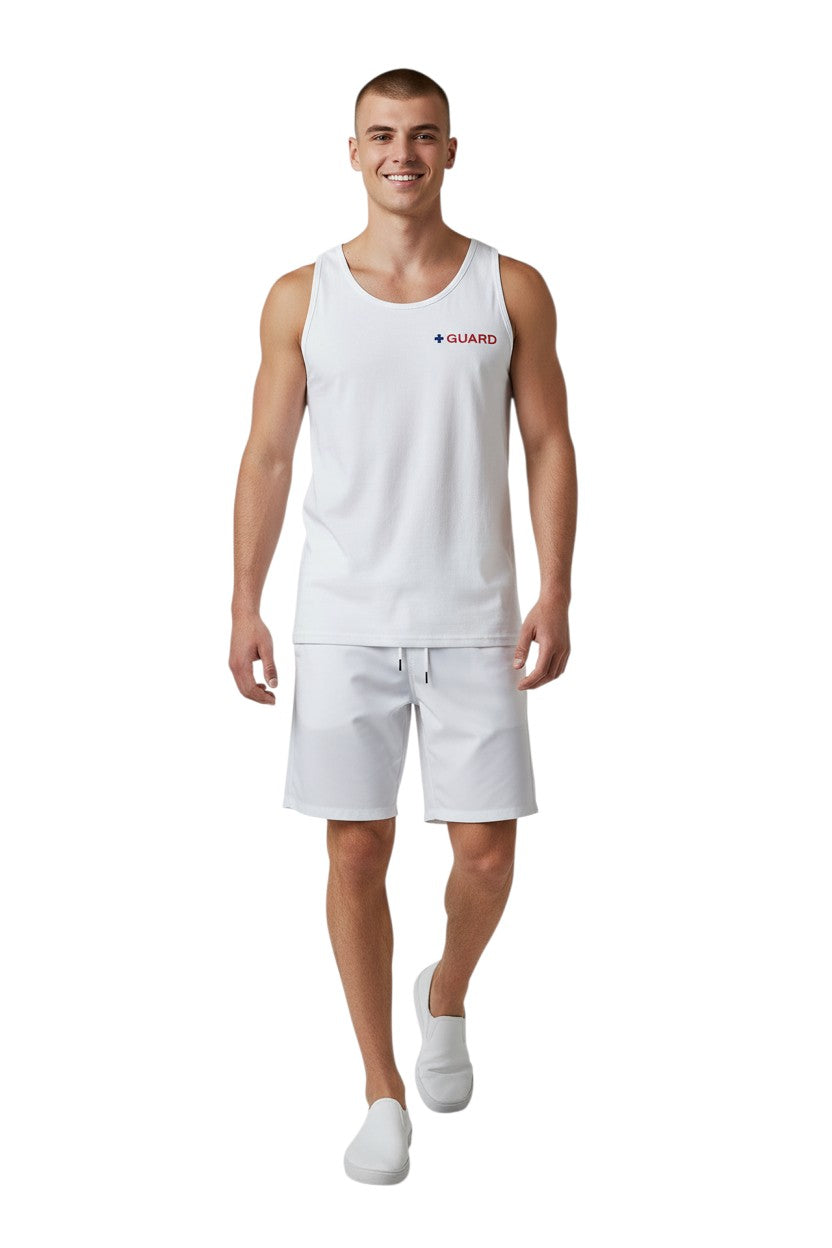White 100% cotton jersey tank top with blue and red GUARD logo on chest. Ideal for hot weather.