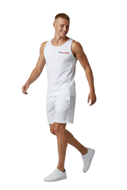 White 100% cotton preshrunk tank top with blue and red GUARD logo on chest.