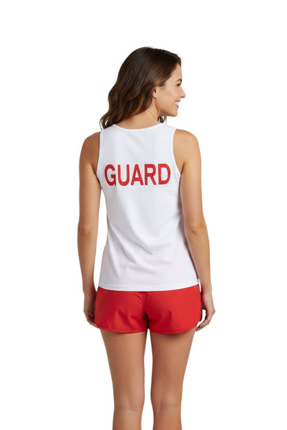 White 100% cotton jersey tank top with red GUARD logo on back. Ideal for hot weather.
