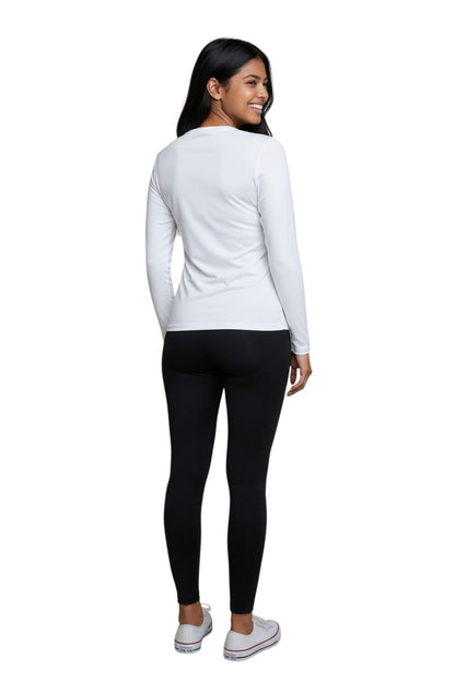 RISE Solid Long Sleeve Crew Neck Rashguard in white, shown on model
