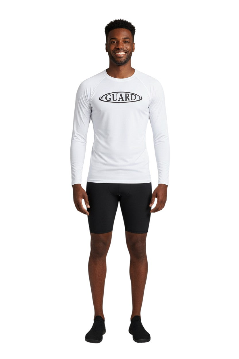 RISE Guard Long Sleeve Crew Neck Rashguard in white, shown on model