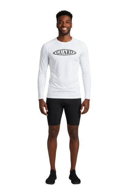 RISE Guard Long Sleeve Crew Neck Rashguard in white, shown on model