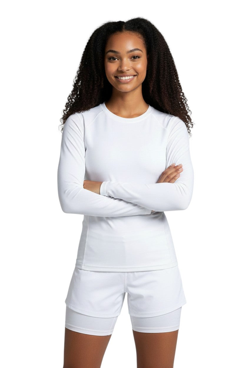 Kiefer Solid Long Sleeve Crewneck Rashguard in white, shown on model