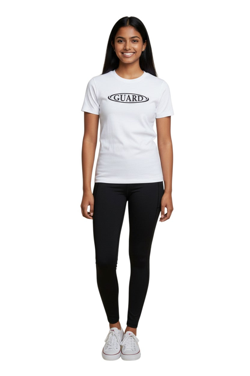 RISE Guard Short Sleeve Crew Neck Rashguard in white, shown on model