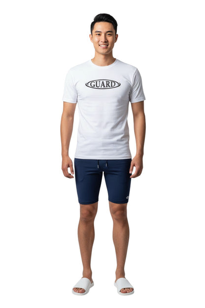 RISE Guard Short Sleeve Crew Neck Rashguard in white, shown on model