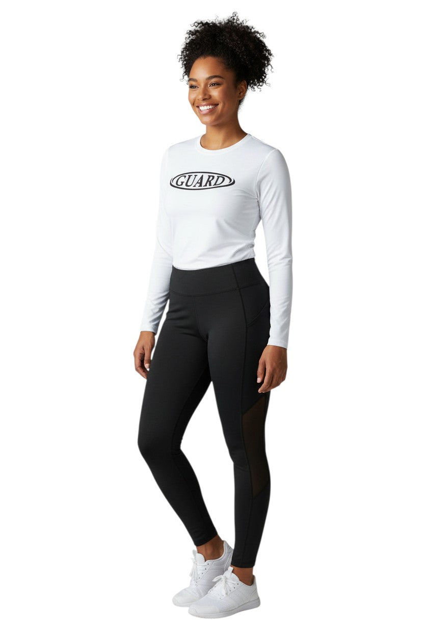 RISE Guard Long Sleeve Crew Neck Rashguard in white, shown on model