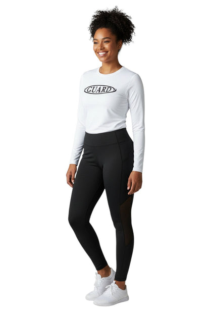 RISE Guard Long Sleeve Crew Neck Rashguard in white, shown on model