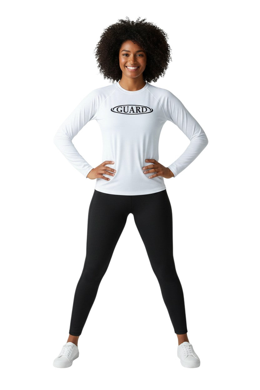 RISE Guard Long Sleeve Crew Neck Rashguard in white, shown on model