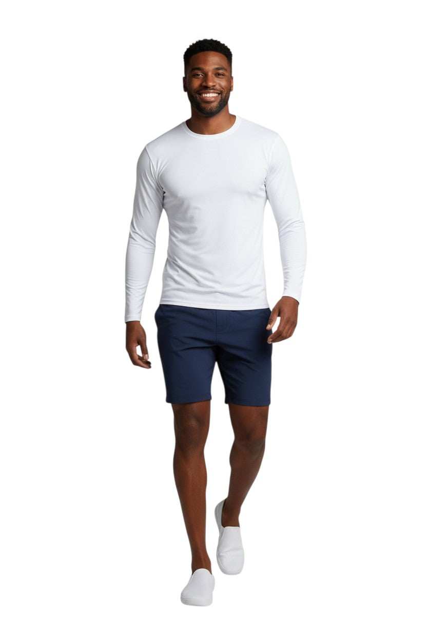 RISE Solid Long Sleeve Crew Neck Rashguard in white, shown on model