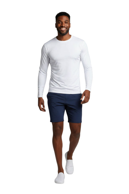 RISE Solid Long Sleeve Crew Neck Rashguard in white, shown on model