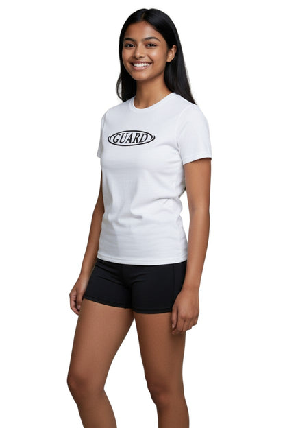 RISE Guard Short Sleeve Crew Neck Rashguard in white, shown on model