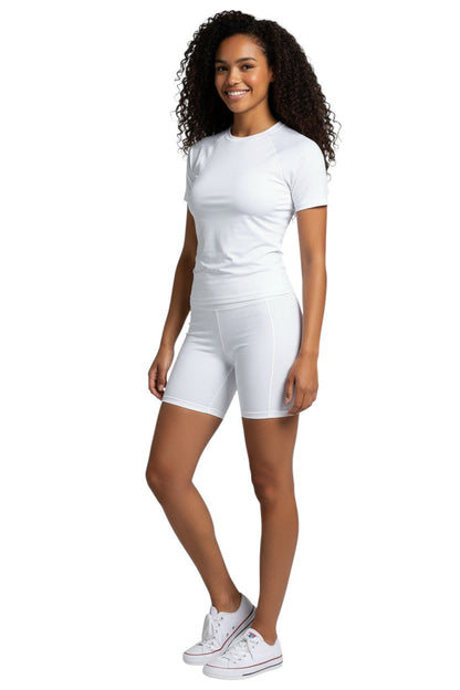 Kiefer Solid Short Sleeve Crewneck Rashguard in white, shown on model