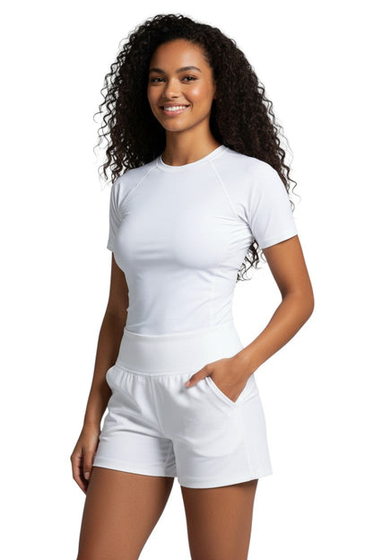 Kiefer Solid Short Sleeve Crewneck Rashguard in white, shown on model