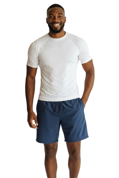 Kiefer Solid Short Sleeve Crewneck Rashguard in white, shown on model