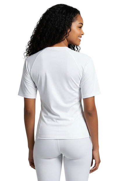 Kiefer Solid Short Sleeve Crewneck Rashguard in white, shown on model