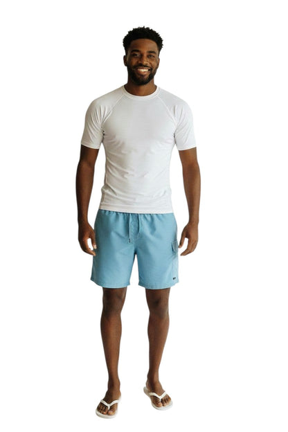 Kiefer Solid Short Sleeve Crewneck Rashguard in white, shown on model