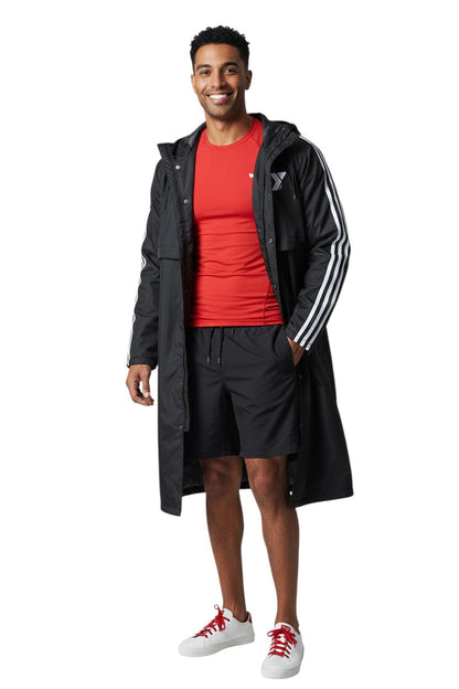 YMCA Guard Parka, black nylon with fleece lining and white stripe accents on sleeves.