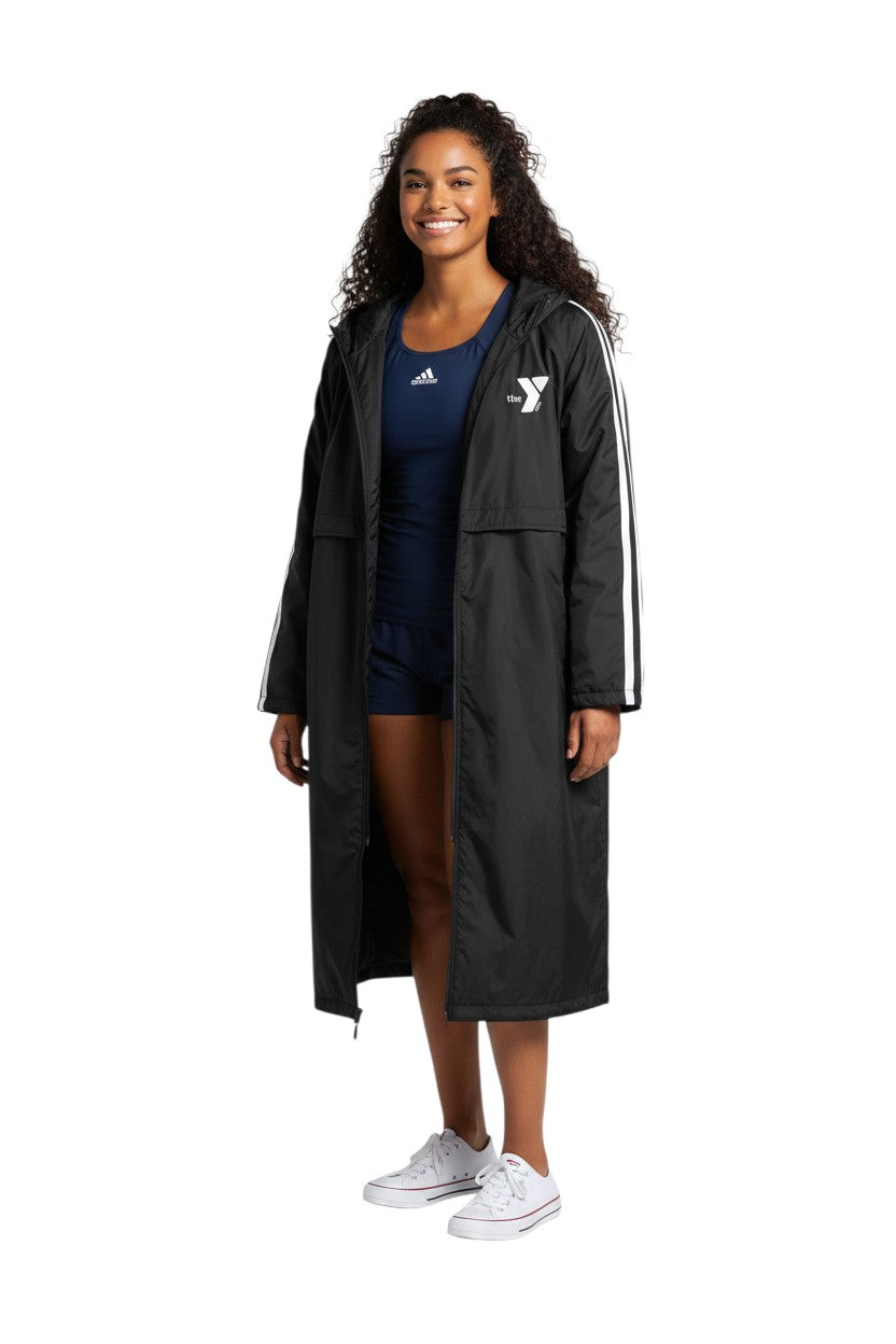 YMCA Guard Parka, black nylon with fleece lining and white stripe details on sleeves.