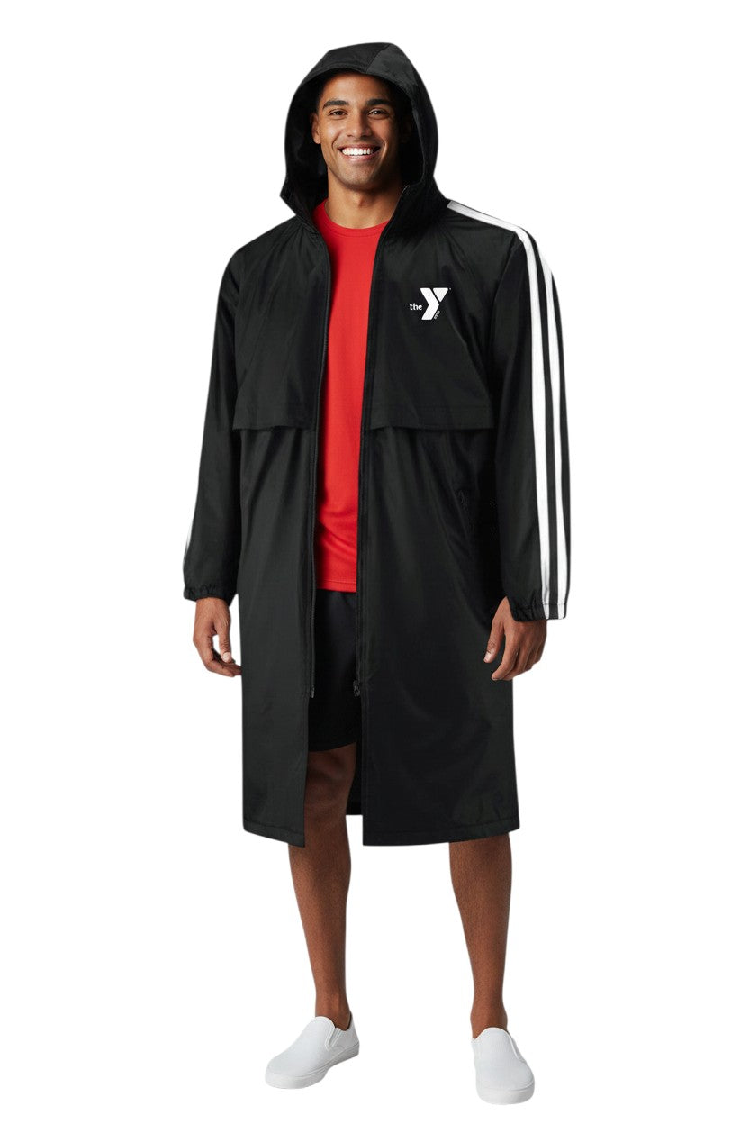 YMCA Guard Parka, black nylon with fleece lining, white stripe details on sleeves, full zip.