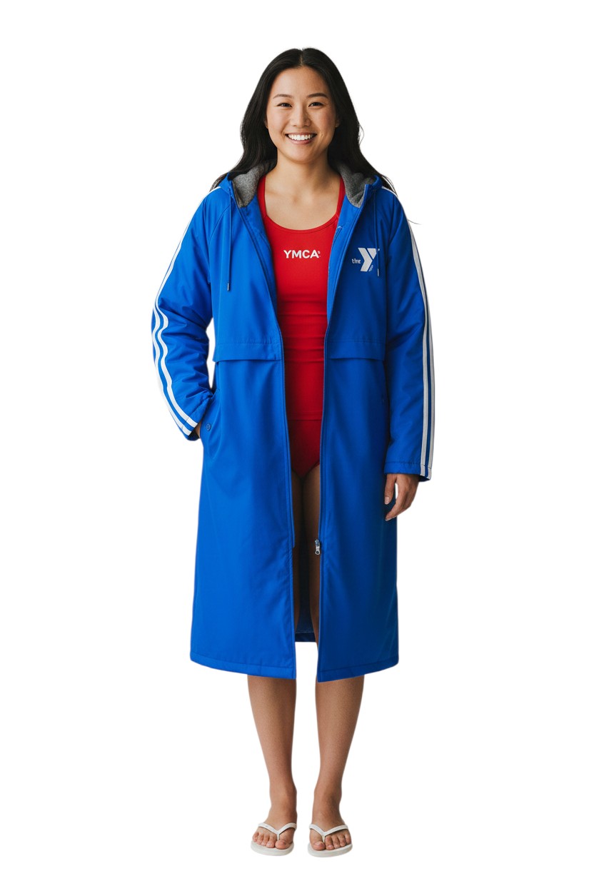 YMCA Guard Parka in royal blue nylon with fleece lining and white stripes on sleeves.
