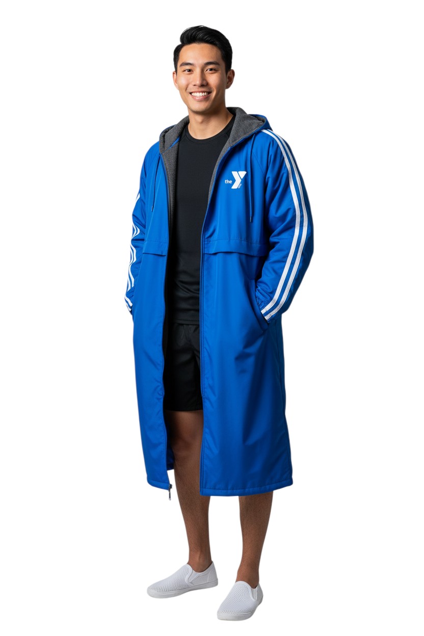 YMCA Guard Parka in royal blue nylon with fleece lining and white stripes on sleeves.