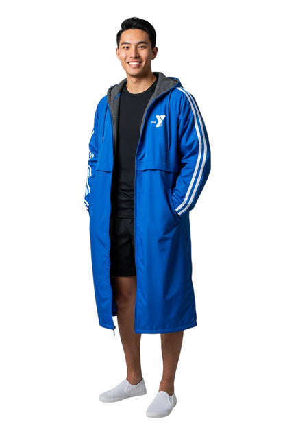 YMCA Guard Parka in royal blue nylon with fleece lining and white stripes on sleeves.
