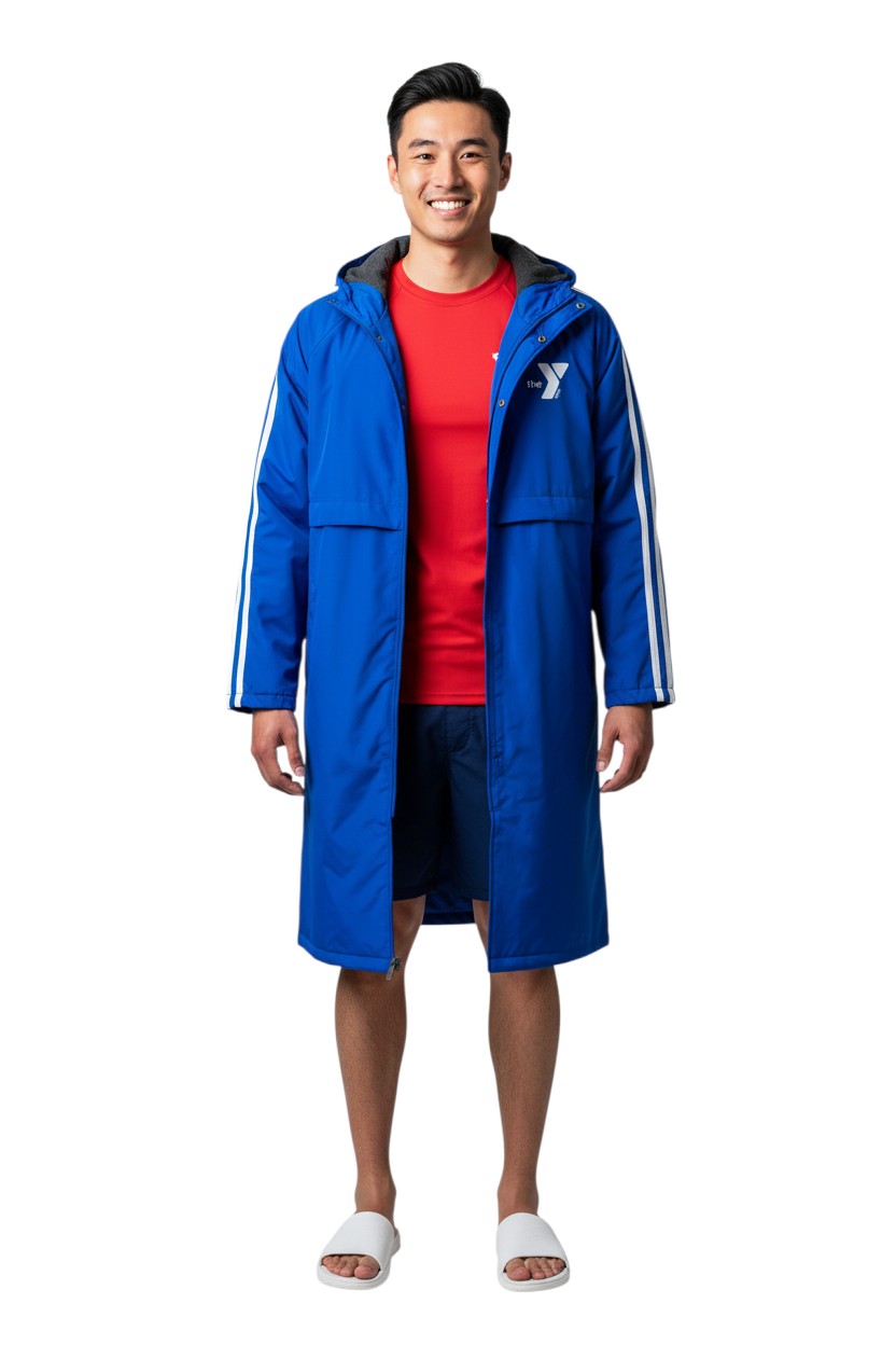 YMCA Guard Parka in royal blue nylon with fleece lining and white stripes on sleeves.