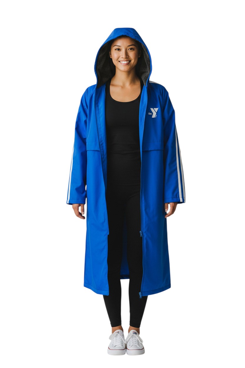 YMCA Guard Parka in royal blue nylon with fleece lining and white stripes on sleeves.