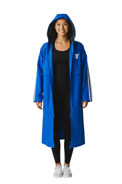 YMCA Guard Parka in royal blue nylon with fleece lining and white stripes on sleeves.