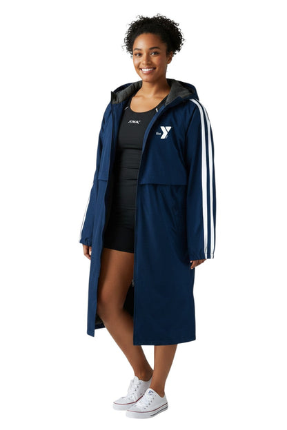 Navy blue nylon parka with fleece lining and white stripes on sleeves. Features YMCA logo.