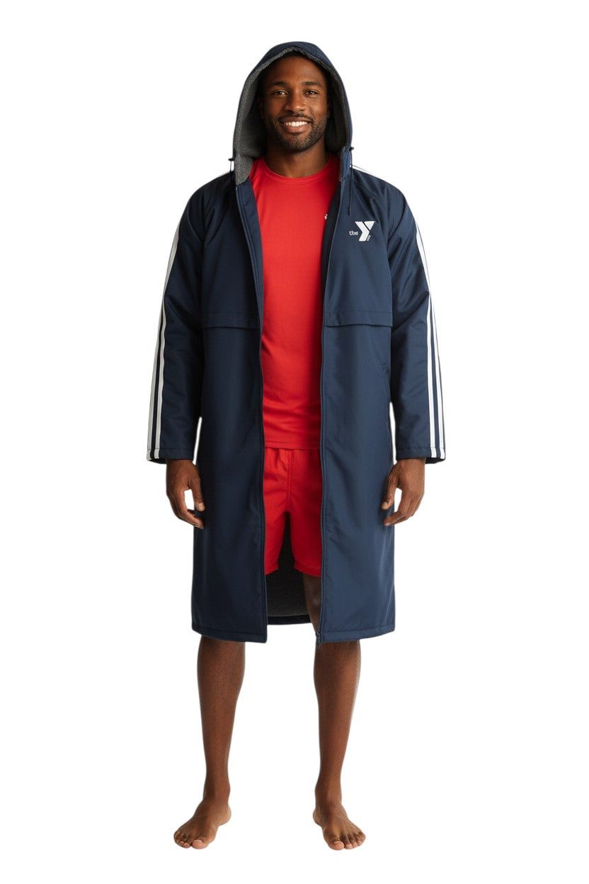 Navy blue nylon parka with fleece lining and white stripes on sleeves. Features YMCA logo.