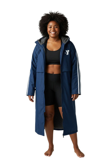 Navy blue nylon parka with fleece lining and white stripes on sleeves. Features YMCA logo.