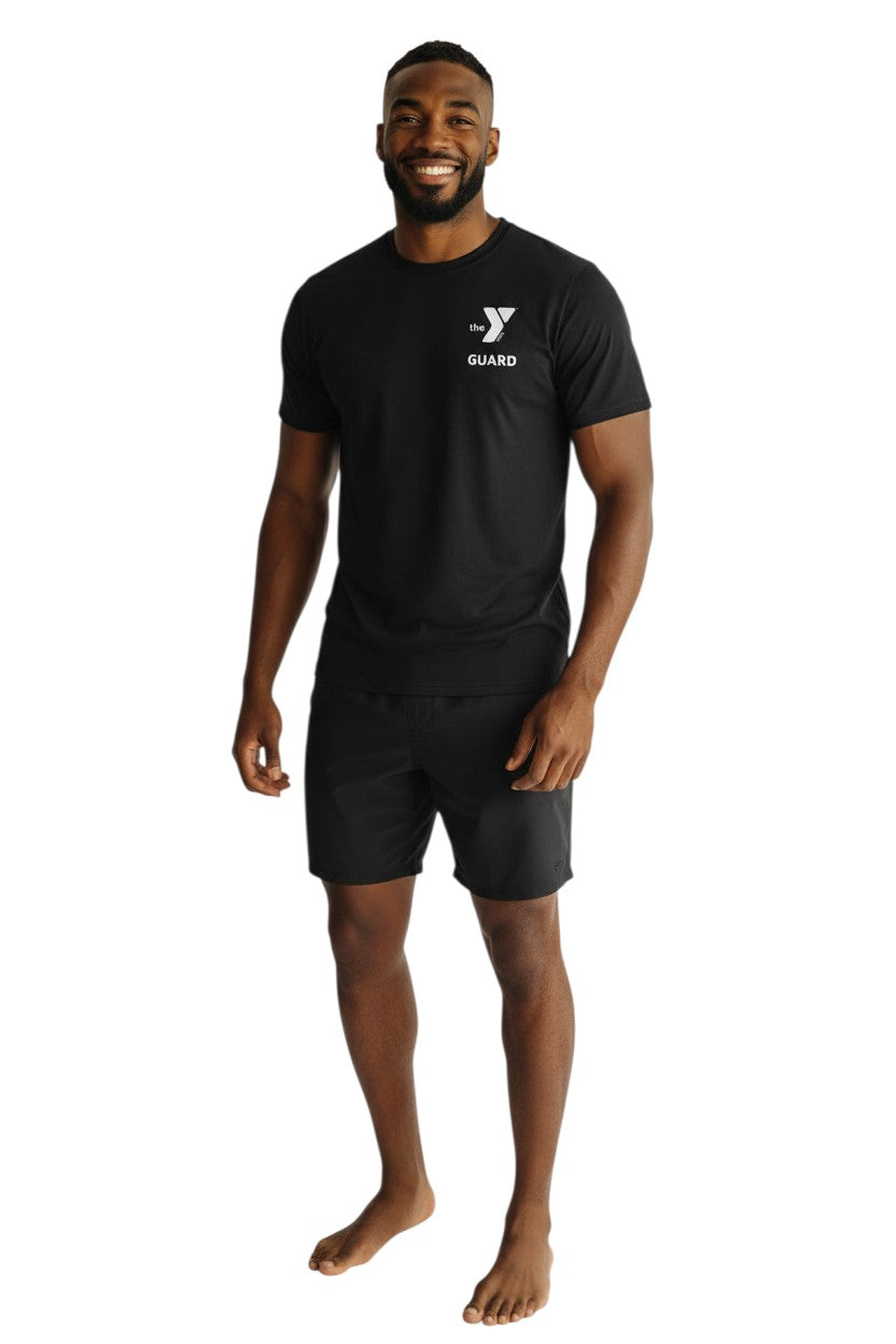 YMCA Guard Short Sleeve Rashguard in black, shown on model