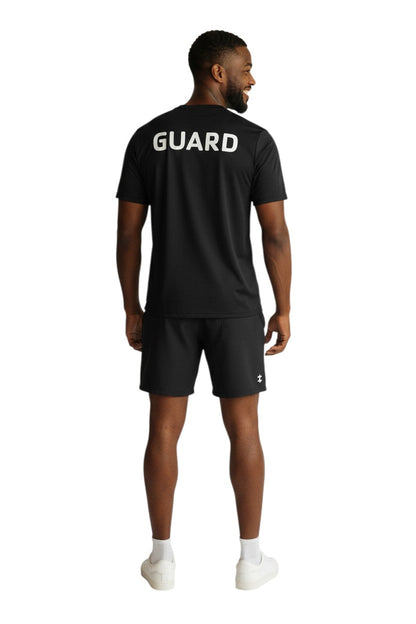 YMCA Guard Short Sleeve Rashguard in black, shown on model