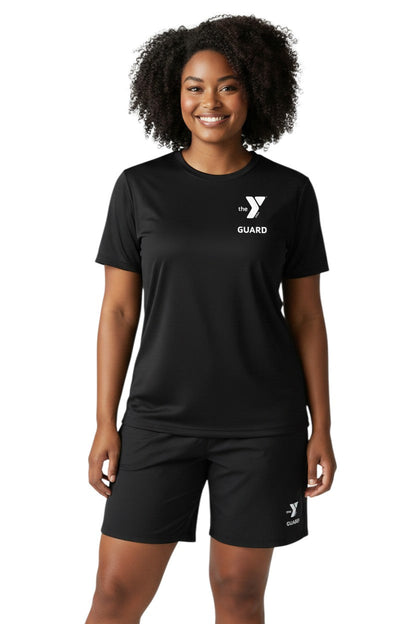 YMCA Guard Short Sleeve Rashguard in black, shown on model