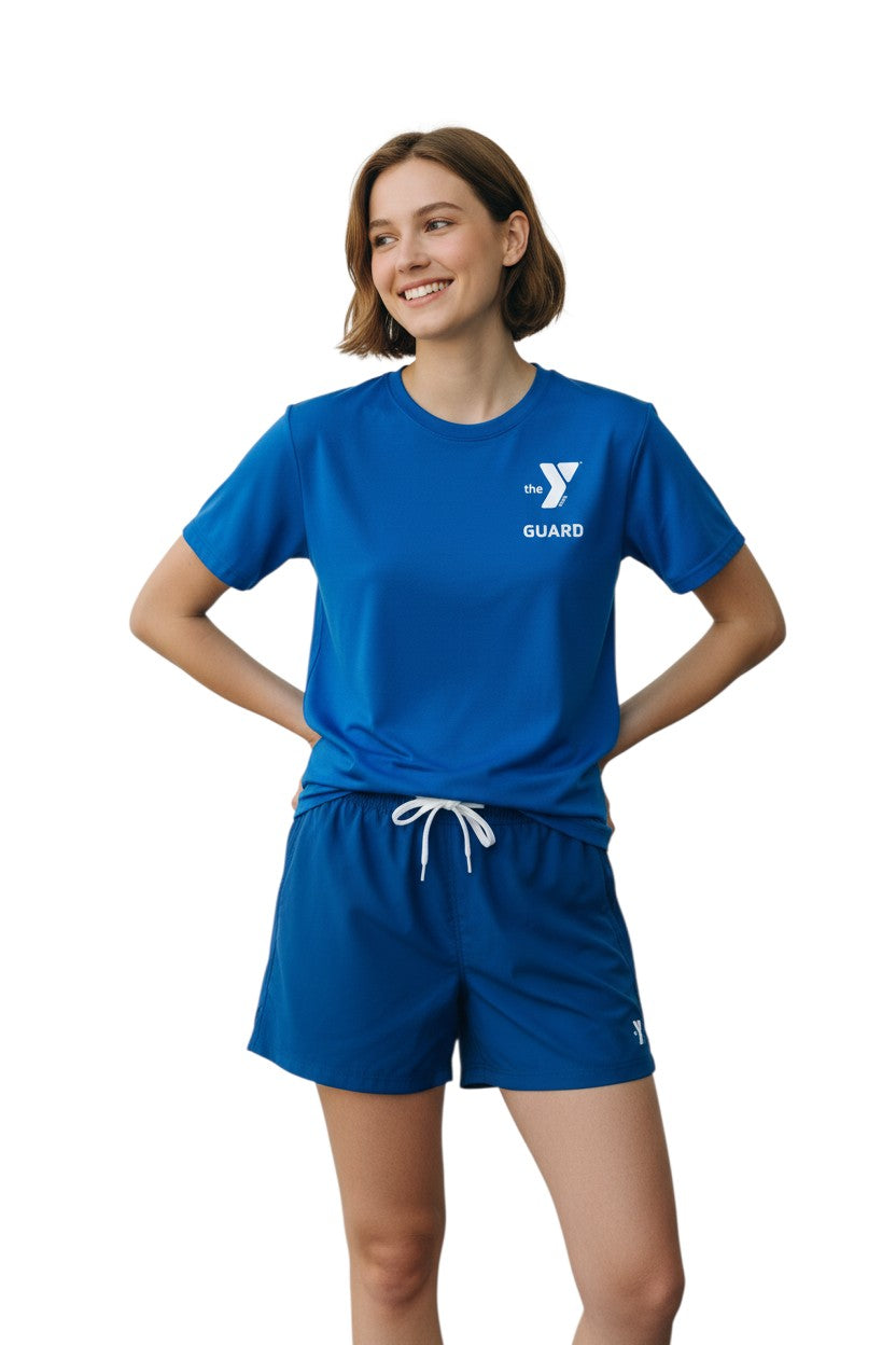 YMCA Guard Short Sleeve Rashguard in blue, shown on model