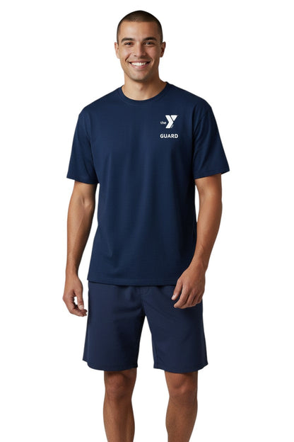 YMCA Guard Short Sleeve Rashguard in navy blue, shown on model