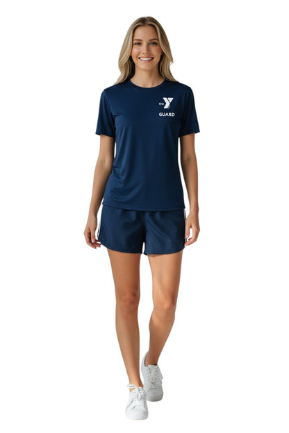 YMCA Guard Short Sleeve Rashguard in navy blue, shown on model