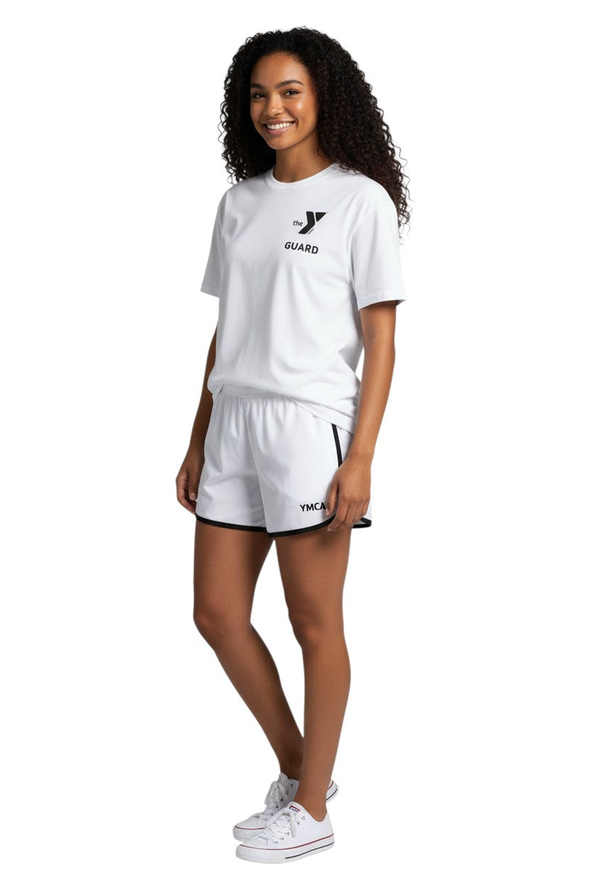 YMCA Guard Short Sleeve Rashguard in white, shown on model