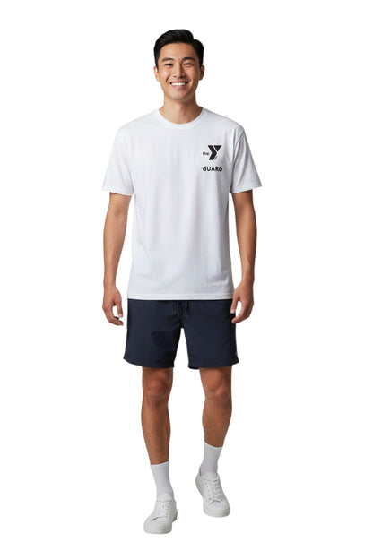 YMCA Guard Short Sleeve Rashguard in white, shown on model