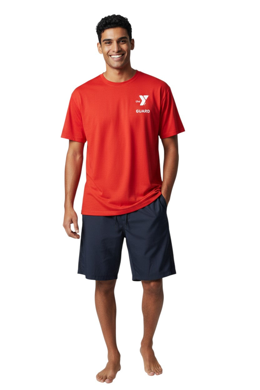 YMCA Guard Short Sleeve Rashguard in red, shown on model