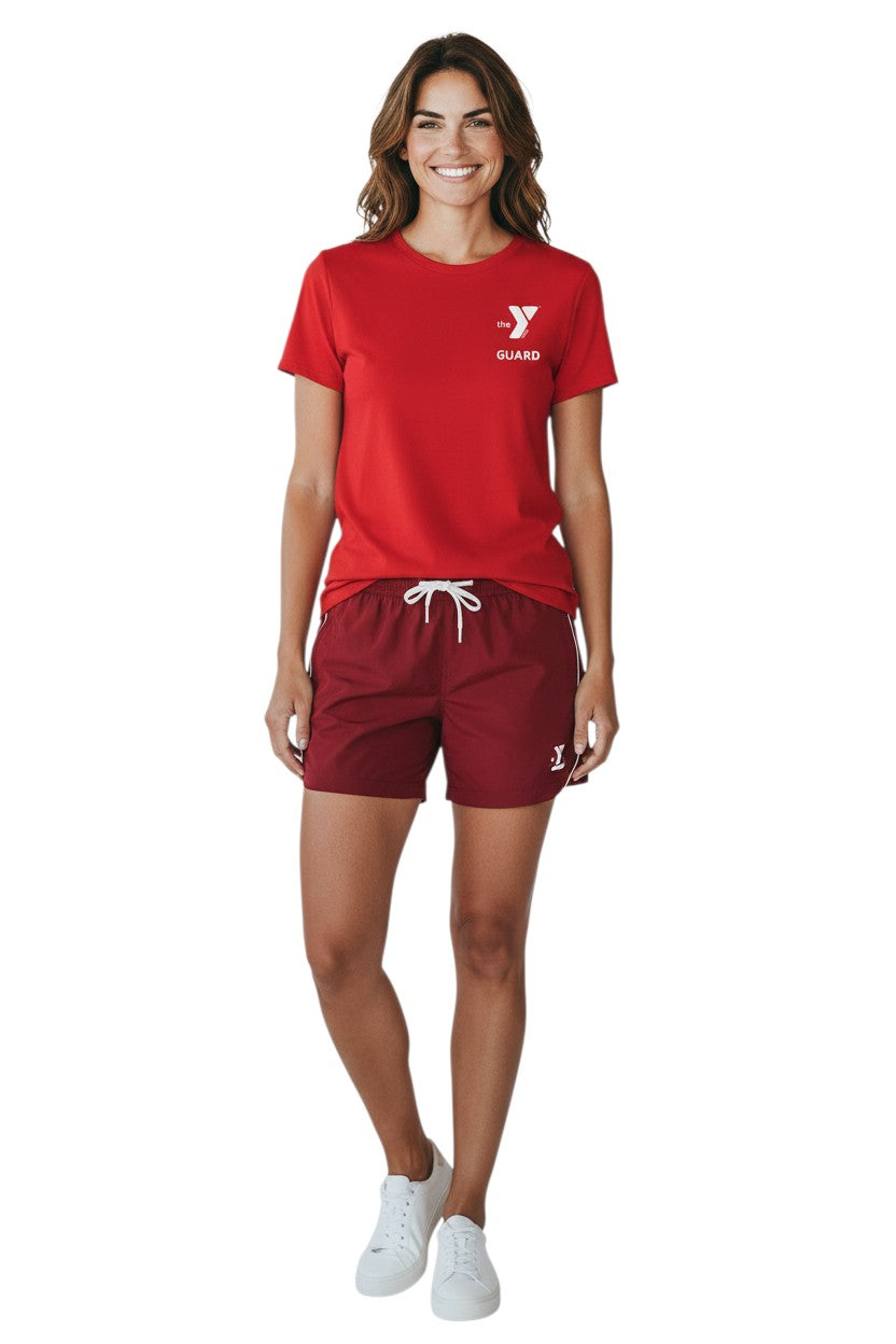 YMCA Guard Short Sleeve Rashguard in red, shown on model