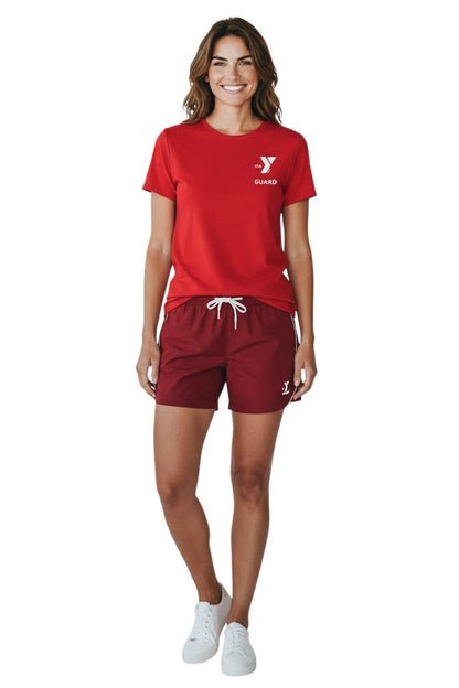 YMCA Guard Short Sleeve Rashguard in red, shown on model