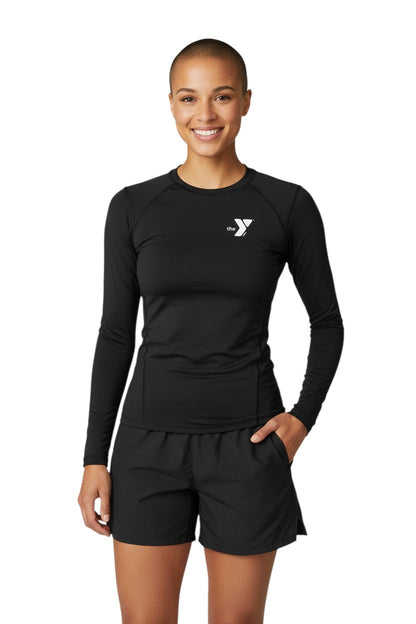 YMCA Kiefer L/S Crewneck Rashguard in black, shown on model