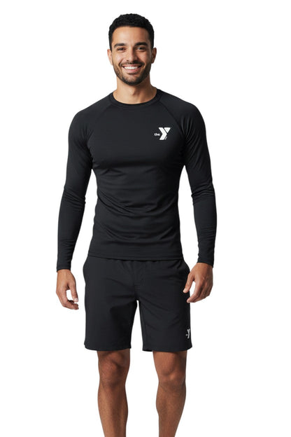 YMCA Kiefer L/S Crewneck Rashguard in black, shown on model