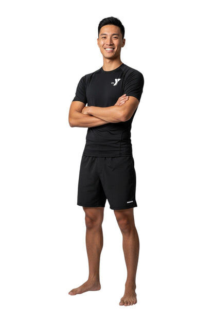 YMCA Kiefer S/S Crewneck Rashguard in black, shown on model