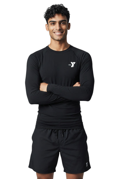 YMCA Kiefer L/S Crewneck Rashguard in black, shown on model