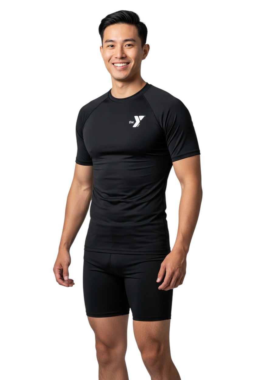 YMCA Kiefer S/S Crewneck Rashguard in black, shown on model